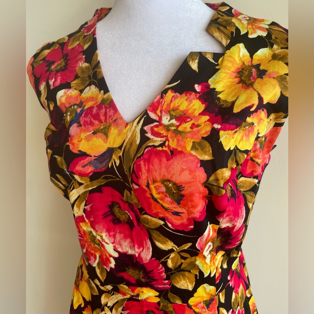 HEARTS AND ROSES SLEEVELESS FLORAL SWING DRESS, BLACK/PINK/ORANGE/YELLOW SZ 12 - Picture 5 of 14